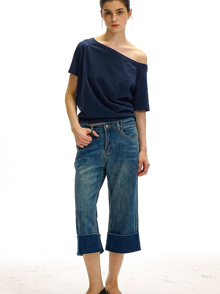 Country Moment High Waist Washed Stretch Straight Leg Denim Blue Mid-Length Shorts