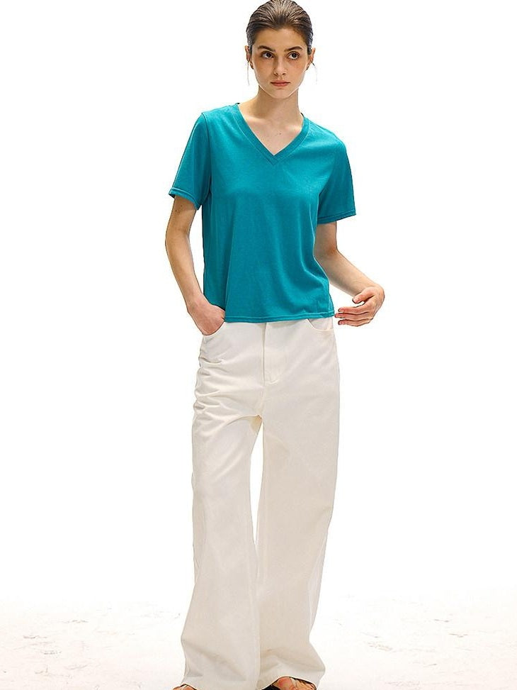 Country Moment Moisture Wicking Street Straight V-neck Cotton Blend White Short Sleeve T-Shirts