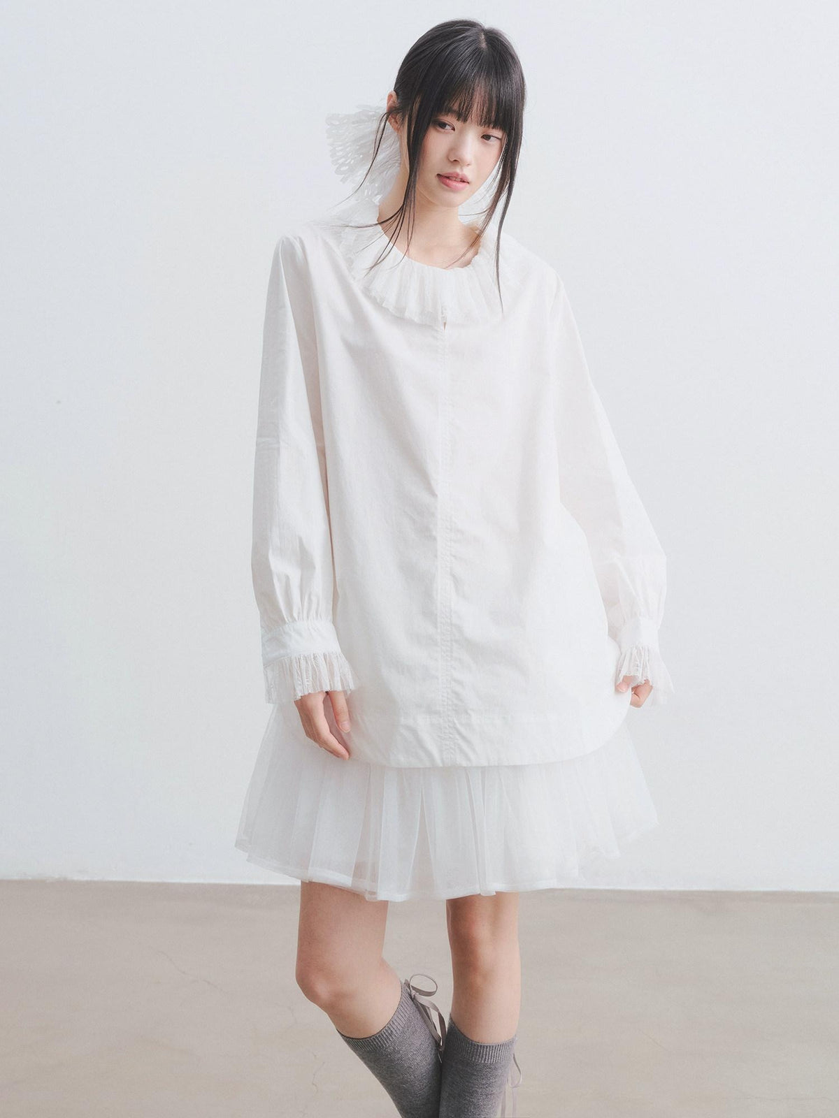 DDGIRL studio High Waist Mesh Patchwork Puff Loose Fit Elastic Lined White Nylon Mini Skirts