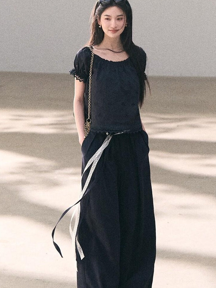 7 OAKMOO Lyocell Linen Breathable Casual Natural Waist Straight Navy White Wide Leg Pants