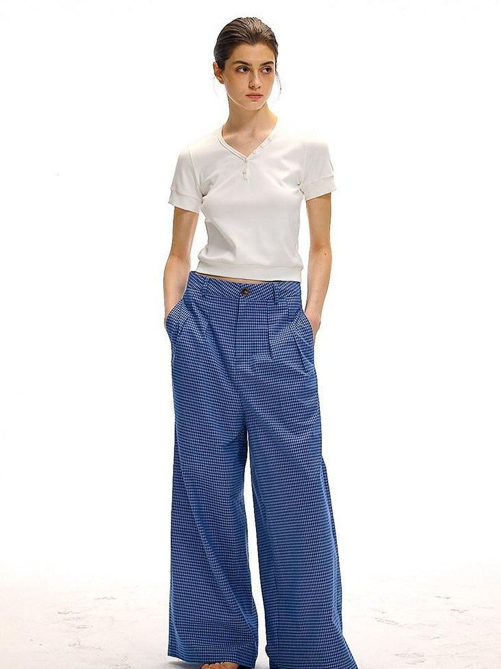 Country Moment 100 Percent Cotton Vintage Natural Waist Pockets Gem Blue Plaid Wide Leg Pants