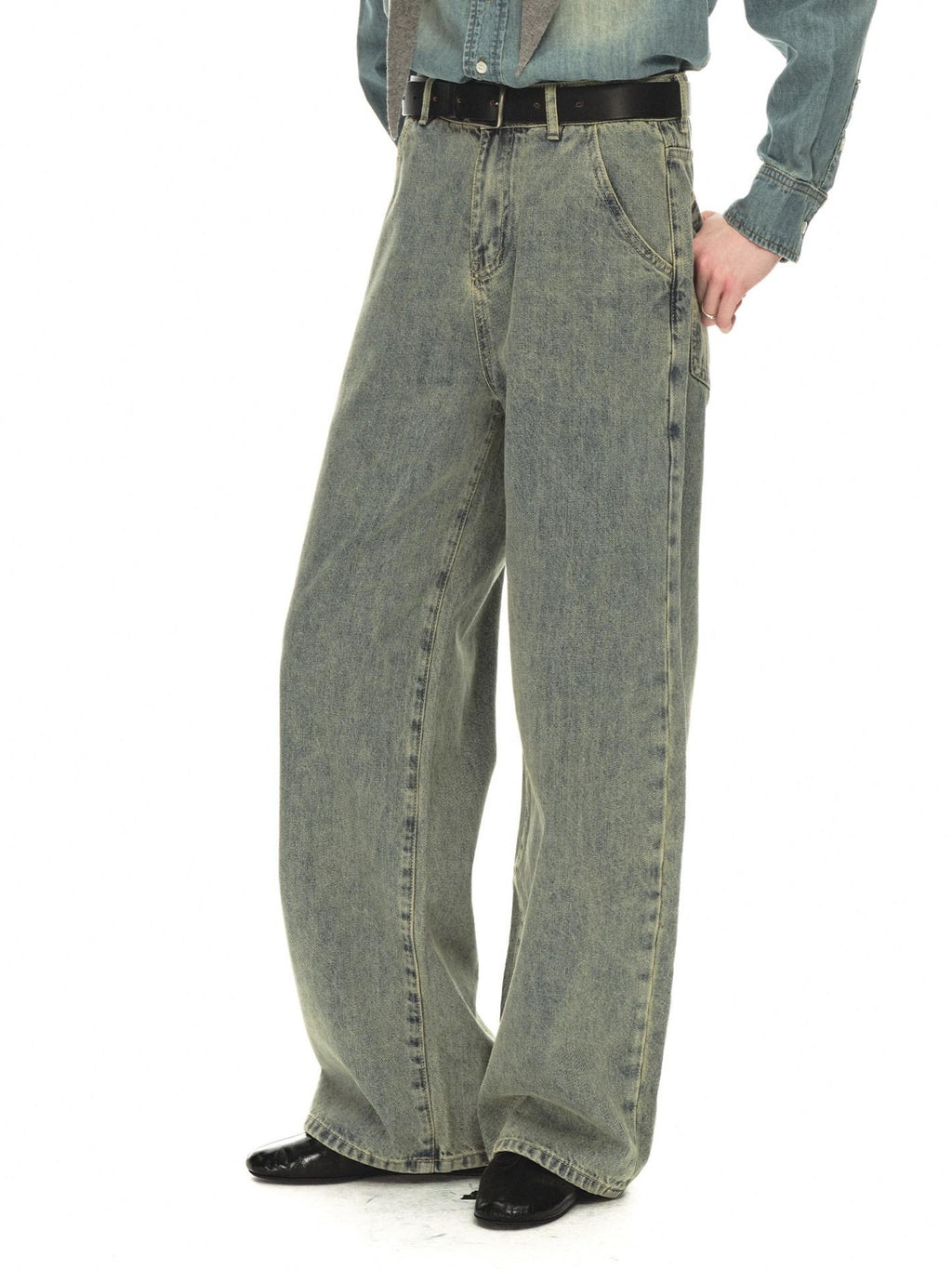 Country Moment Distressed Mid Rise Relaxed Unisex Breathable Cotton Grey Blue Wide Leg Jeans