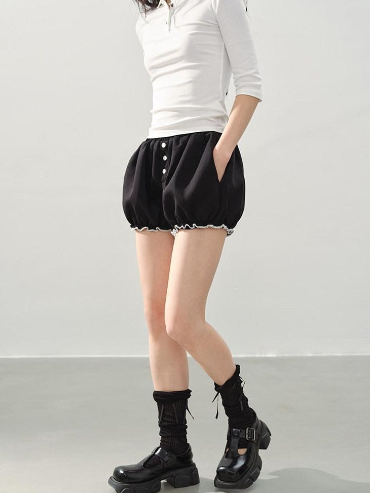DDGIRL studio High Waist Black Casual Lantern Silhouette Teen Stretch Polyester Modal Shorts