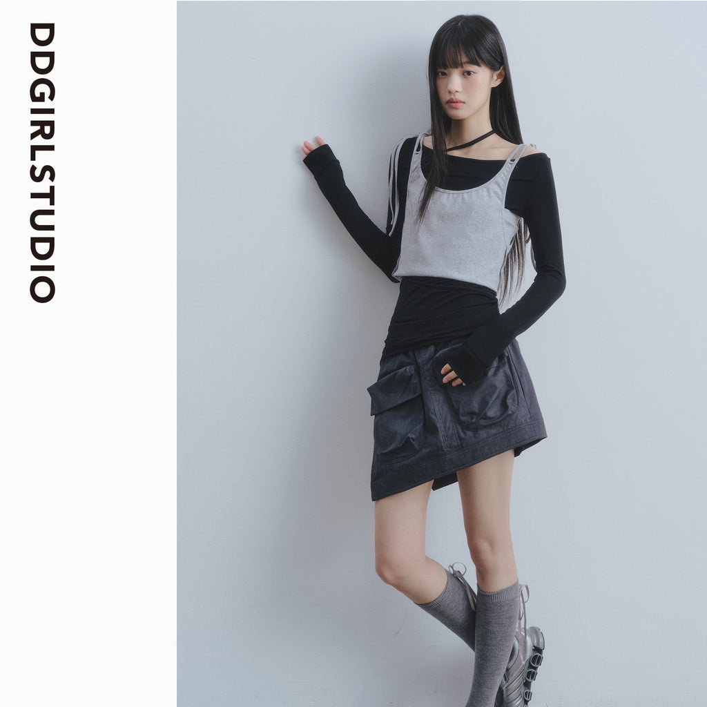 DDGIRL_studio_Soft_100_Percent_Cotton_High_Waist_Cargo_Office_Women_Dark_Gray_Mini_Skirts_MISSTT