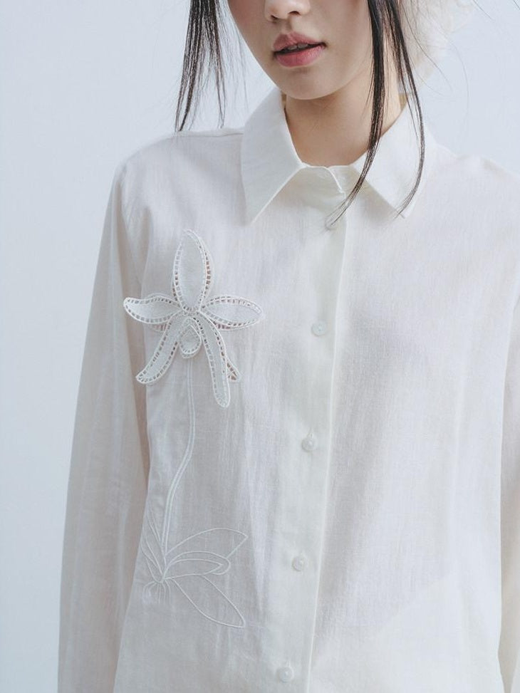 DDGIRL studio Breathable Embroidered Crochet Loose Fit Commuter Women Collared White Shirts