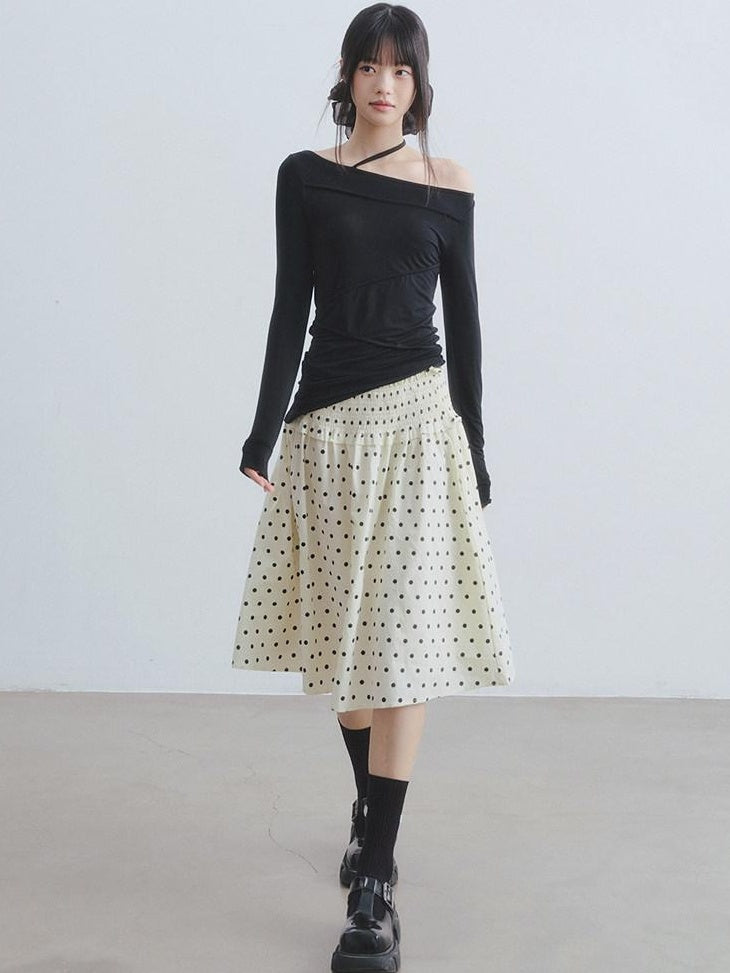 DDGIRL studio Durable Lined Pleated Aline Elastic Waist Women Cotton Beige Midi Skirts