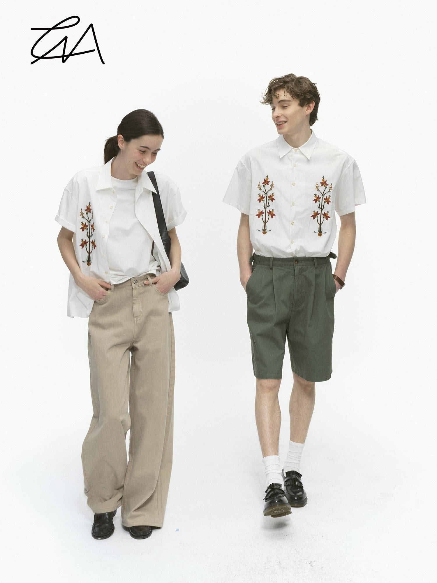 Country Moment 100 Percent Cotton Embroidered Loose Fit Floral Short Sleeve Unisex Shirts