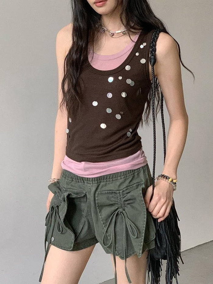DDGIRL studio High Waist Faded 96 Percent Cotton Wide Leg Loose Fit Army Green Denim Shorts