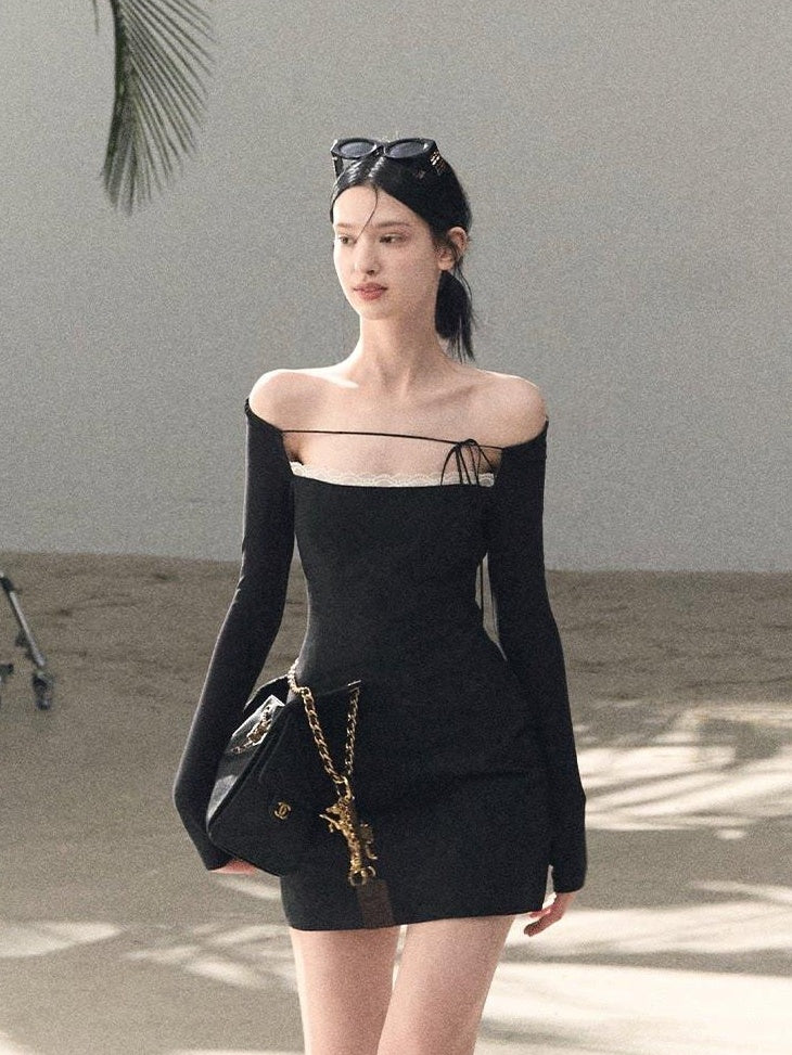 7 OAKMOO Waist Cinch Casual One Shoulder Long Sleeve Slim Viscose Blend Mini Dresses