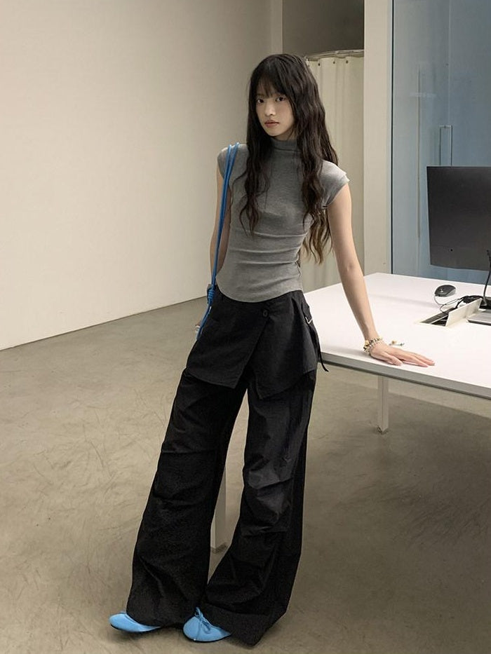 DDGIRL studio High Waist Cotton Cargo Pockets Loose Commuter Women Black Straight Pants