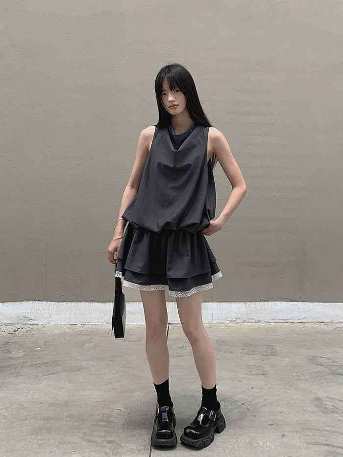 DDGIRL studio Lace Panel High Waist A Line Sleeveless Commuter Young Women Mini Dresses