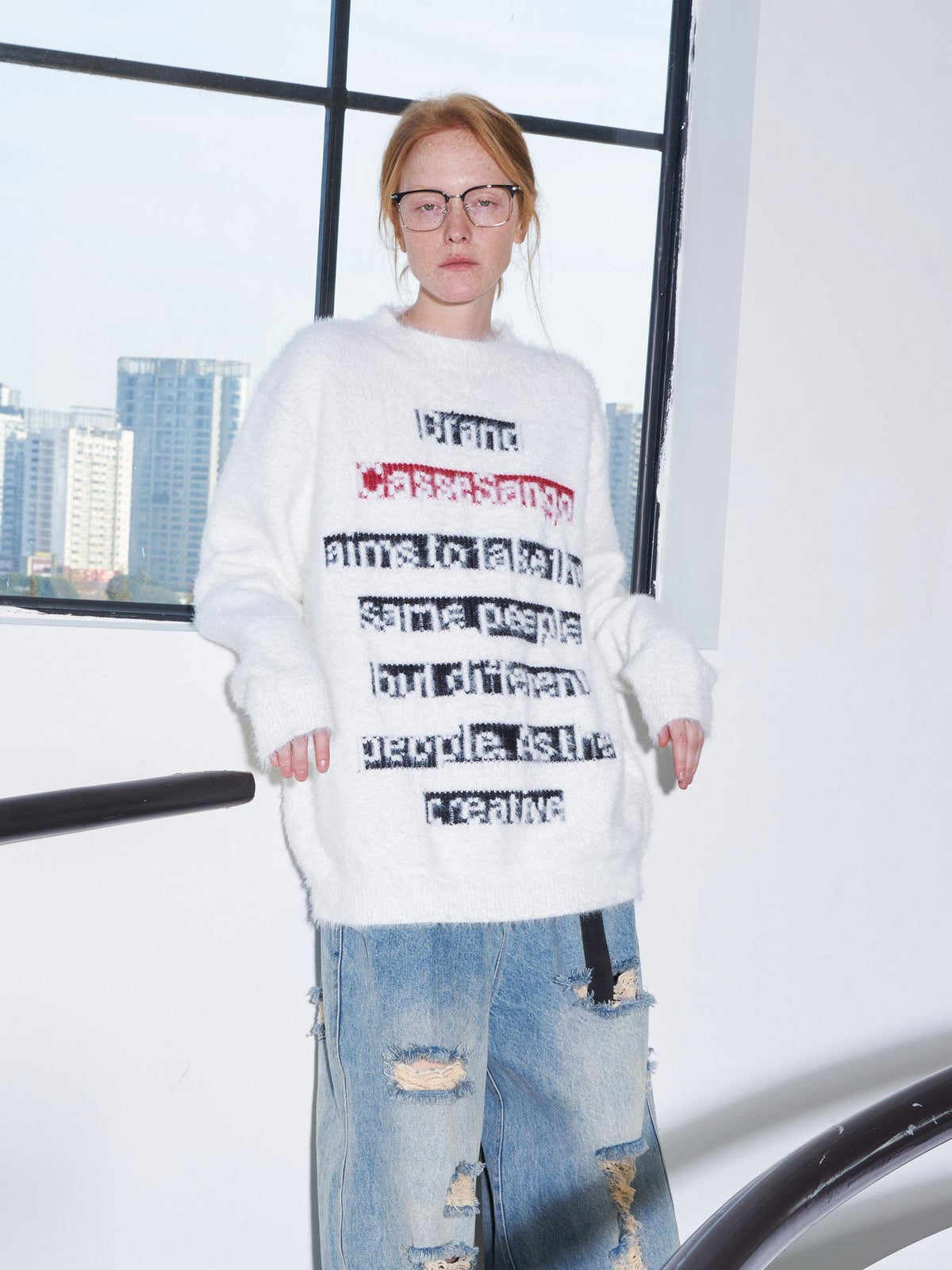 CasseSango Jacquard Letter Crewneck Pullover Trendy Youth Casual White Knit Sweaters