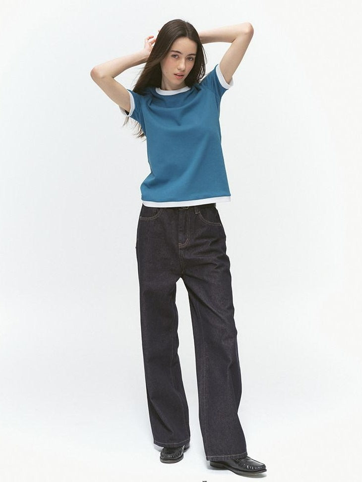 Country Moment Stretch Cotton Patchwork Casual Straight Fit Lake Blue Short Sleeve T-Shirts