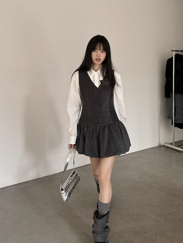 DDGIRL studio Button Detail V-neck A Line Mid Waist Workwear Sleeveless Dark Gray Mini Dresses