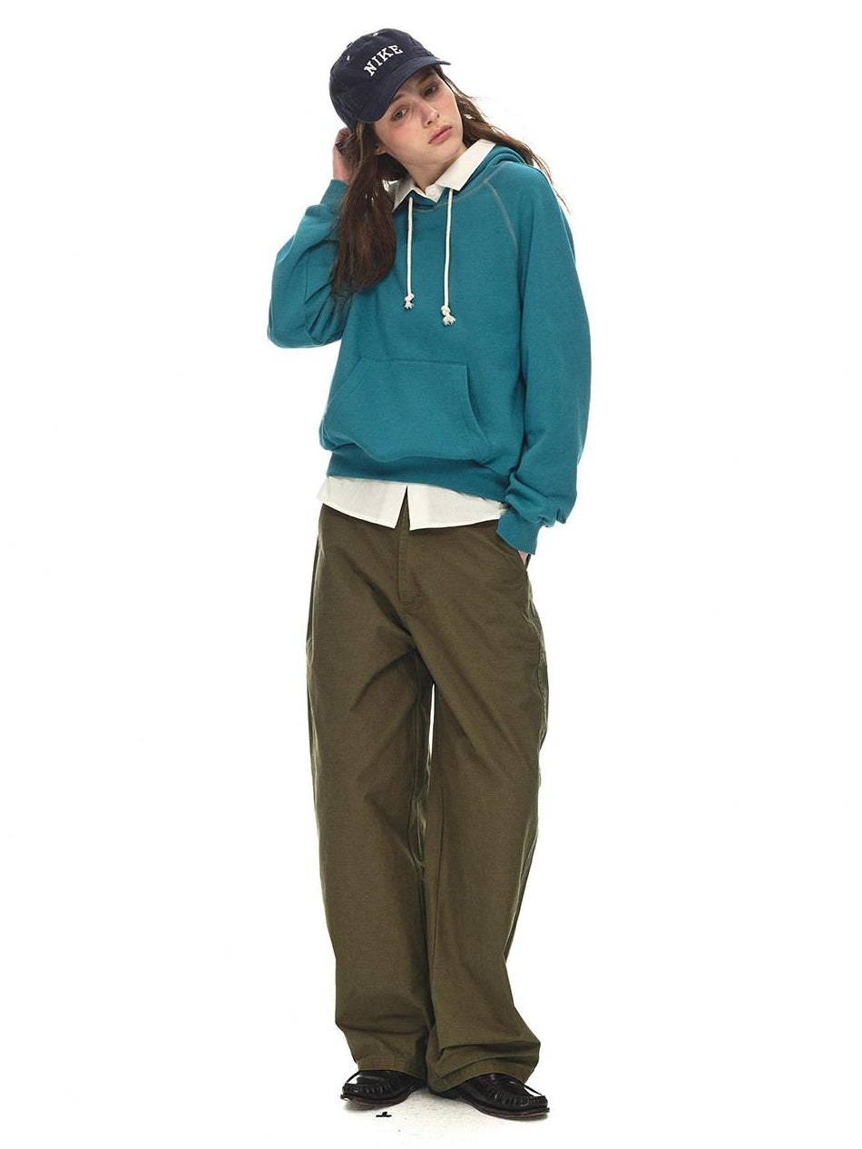 Country Moment Relaxed Cotton Button Fly Natural Waist Casual Army Green Wide Leg Pants