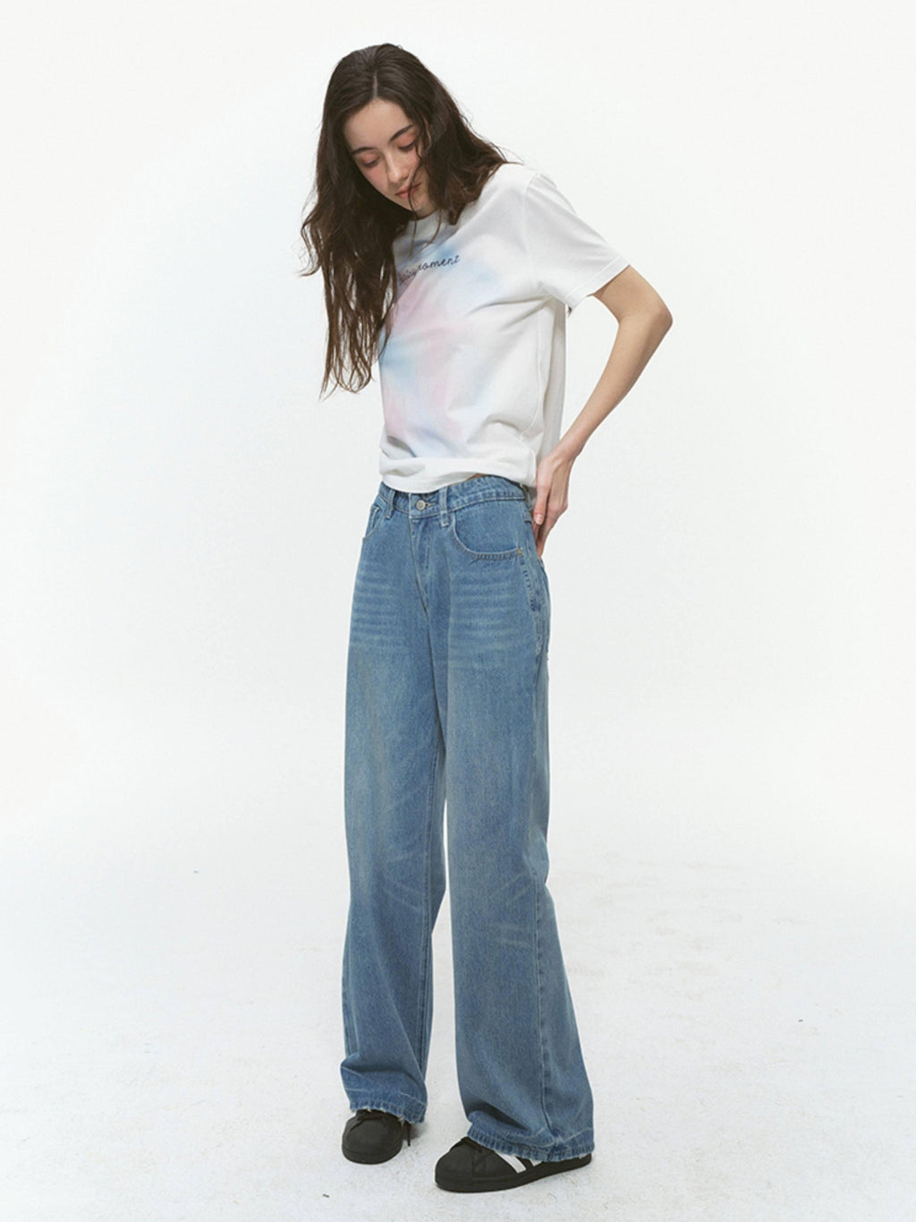 Country Moment Washed Printed Mid Rise Loose Five Pocket Casual Denim Blue Wide Leg Jeans