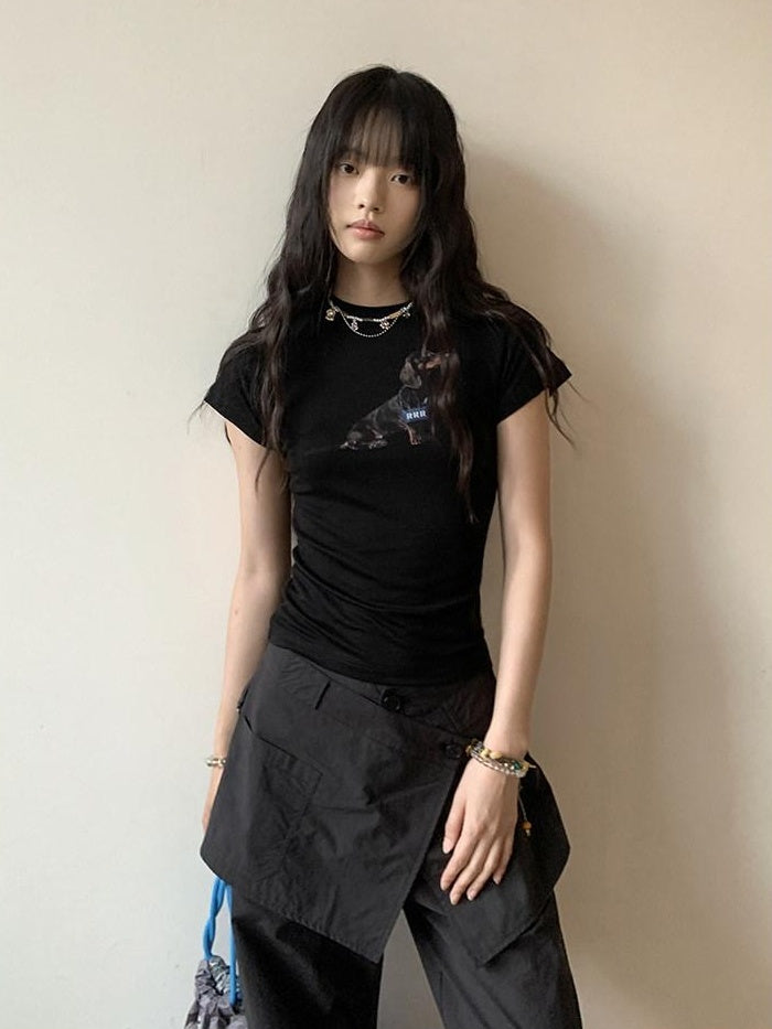 DDGIRL studio Quick Dry Lyocell Slim Fit Office Animal Print Black Short Sleeve T-Shirts