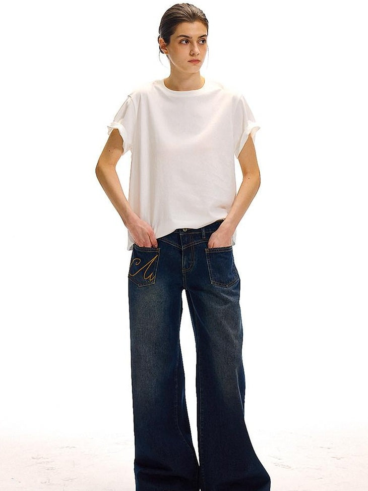 Country Moment High Waist Washed Denim Casual Loose Fit Zipper Fly Wide Leg Jeans