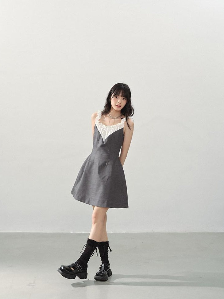 DDGIRL studio Shape Retaining Ruffle Neck High Waist Strappy A Line Office Gray Mini Dresses