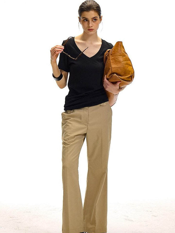 Country Moment Minimalist Slim Fit Zip Fly Natural Waist Office Workwear Khaki Straight Pants