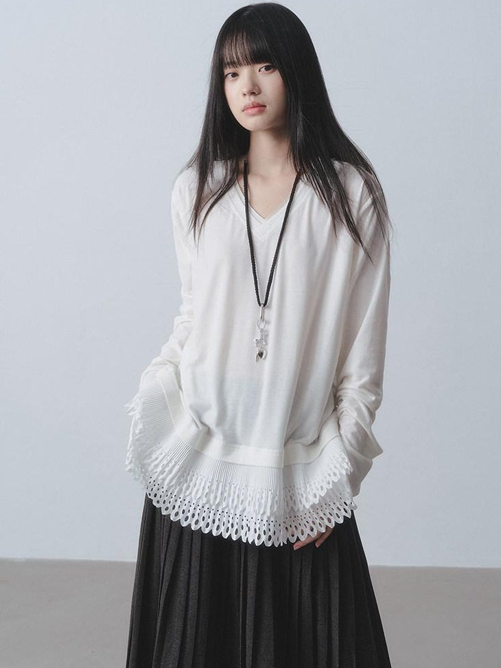 DDGIRL studio Soft Breathable V-neck Patchwork Loose Fit Women White Long Sleeve T-Shirts