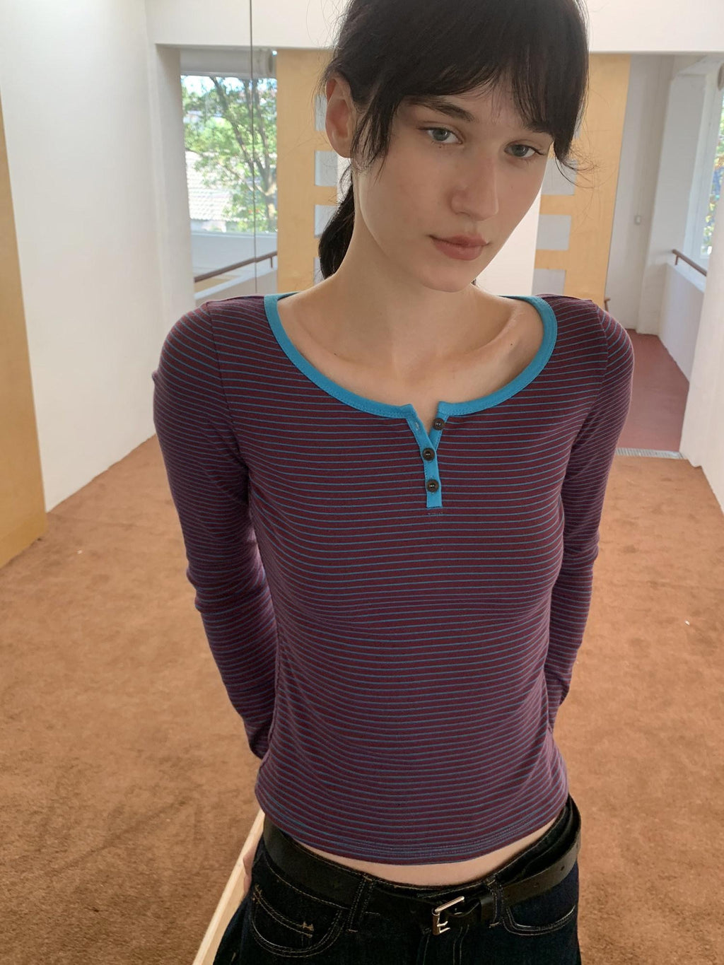 Country Moment Breathable Cotton Slim Fit Retro Striped Henley Women Long Sleeve T-Shirts