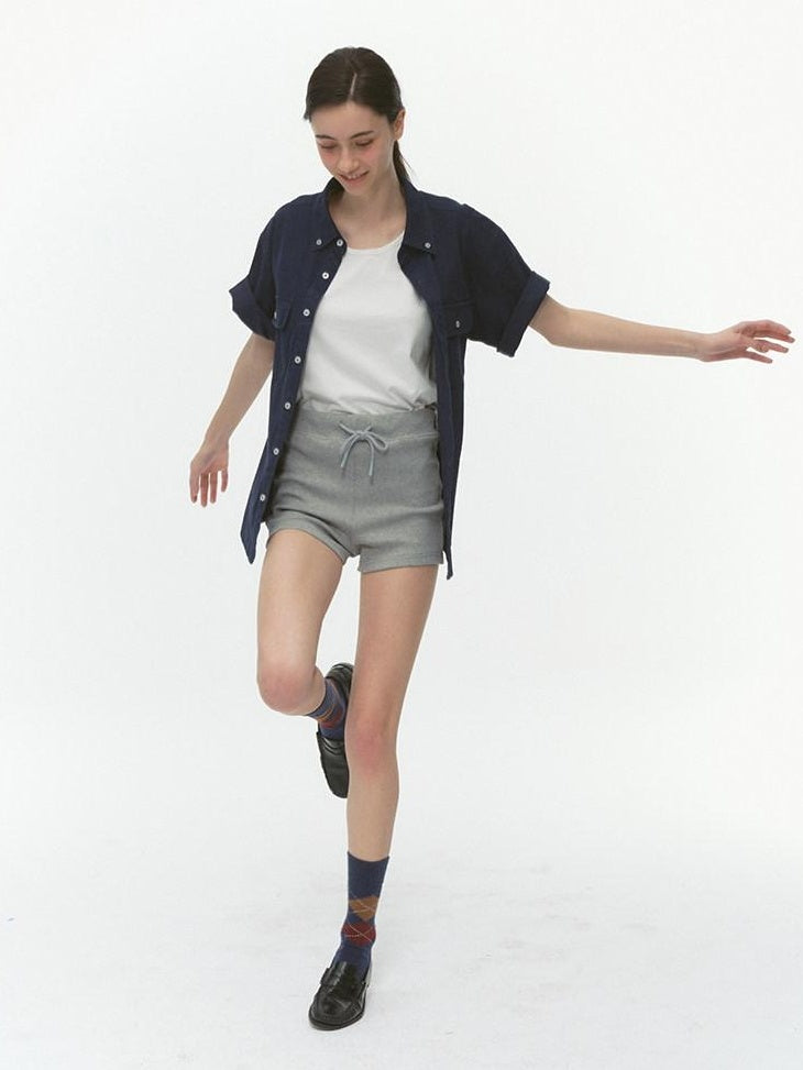 Country Moment Simple Street Relaxed Straight Drawstring Natural Waist Cotton Grey Mini Shorts