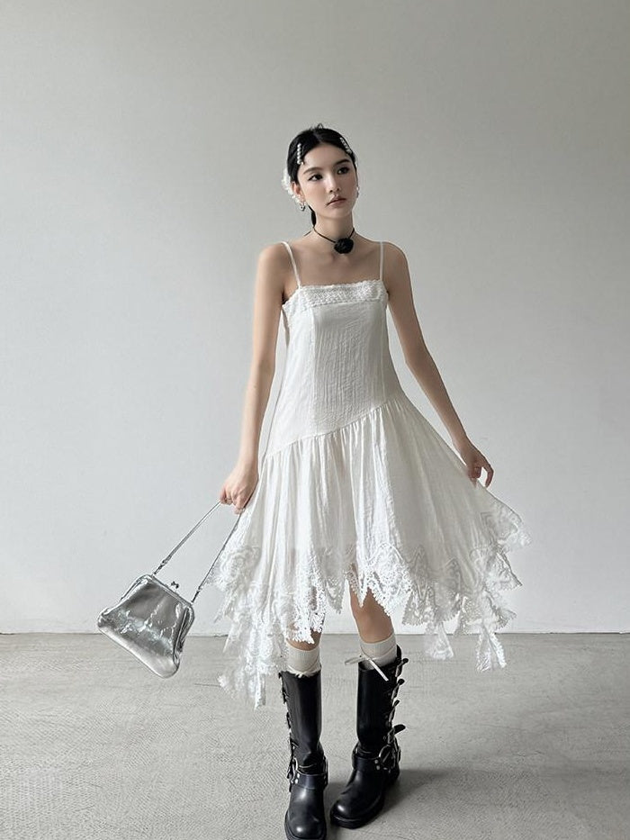 DDGIRL studio Office High Waist A Line Sleeveless Cotton Blend Camisole White Midi Dresses