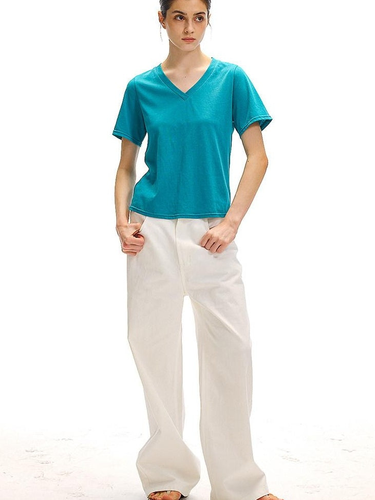 Country Moment Moisture Wicking Street Straight V-neck Cotton Blend White Short Sleeve T-Shirts