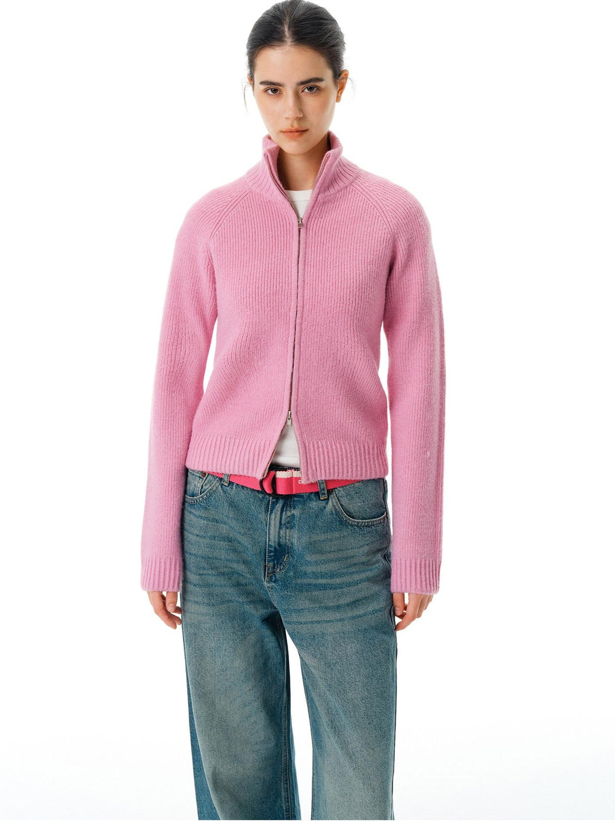 Country Moment Warm Zipper Stand Collar Slim Fit Cardigan Knit Women Rose Purple Sweaters