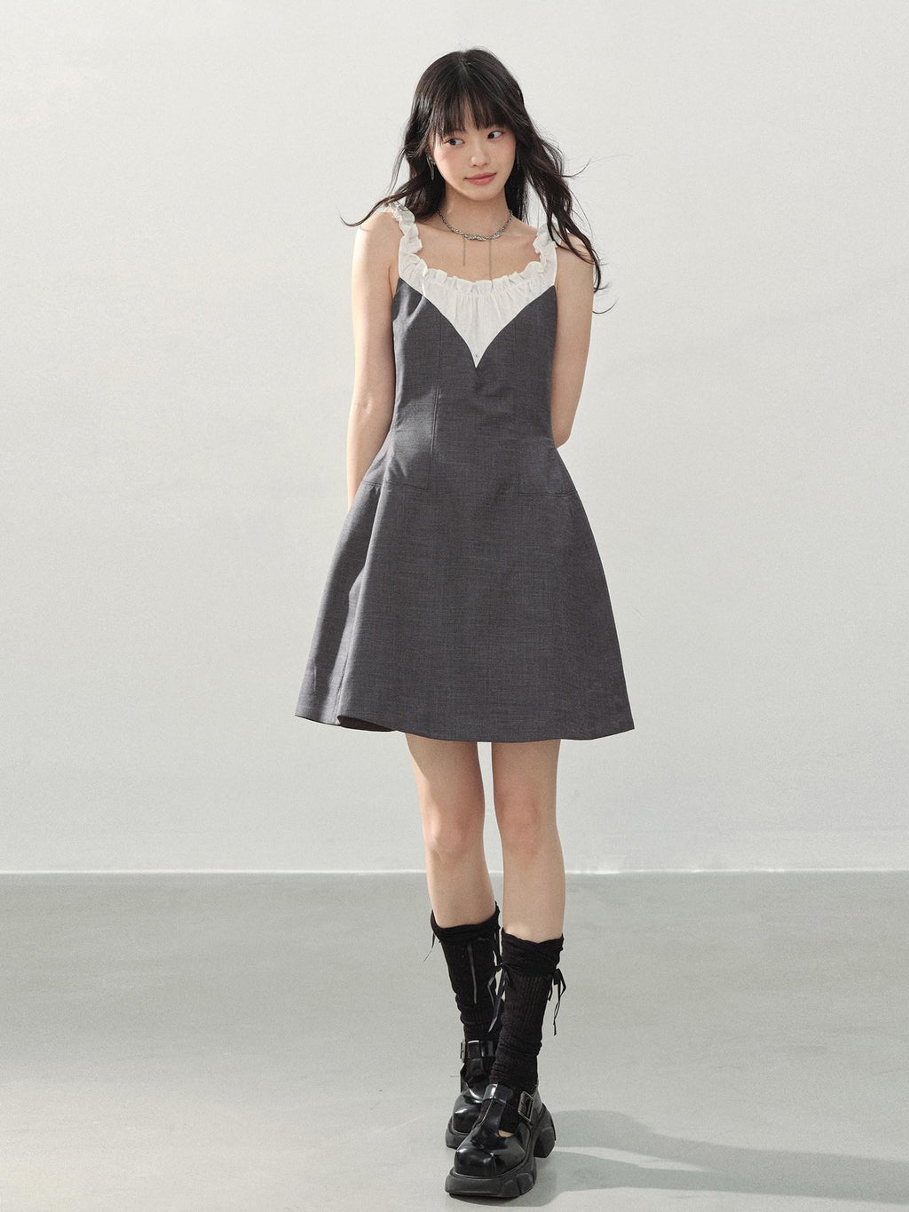 DDGIRL studio Shape Retaining Ruffle Neck High Waist Strappy A Line Office Gray Mini Dresses