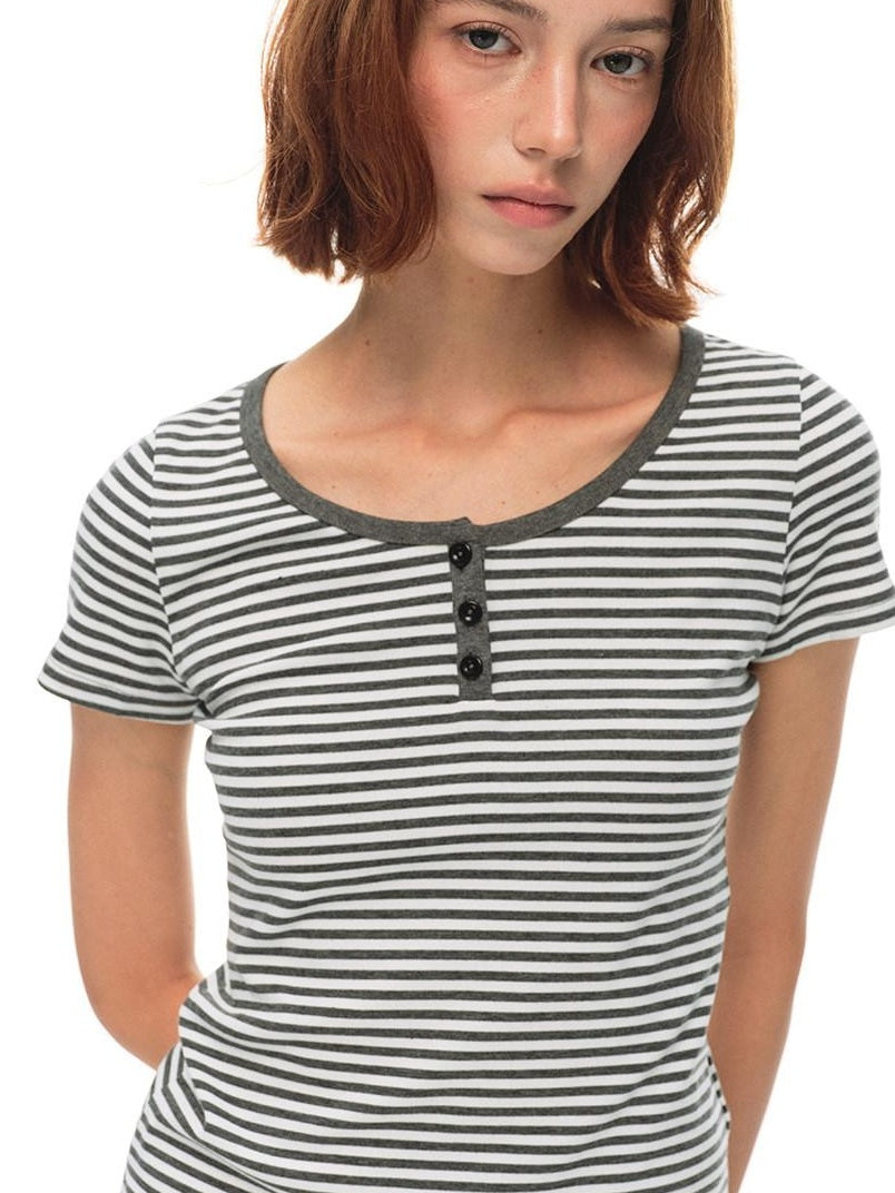 Country Moment Breathable Striped Henley Regular Women Polyester Stretch Short Sleeve T-Shirts