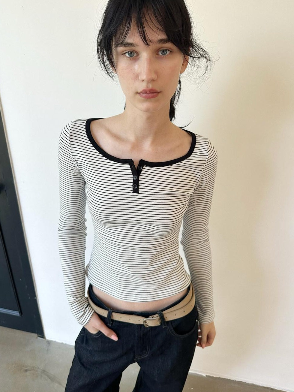 Country Moment Breathable Cotton Slim Fit Retro Striped Henley Women Long Sleeve T-Shirts