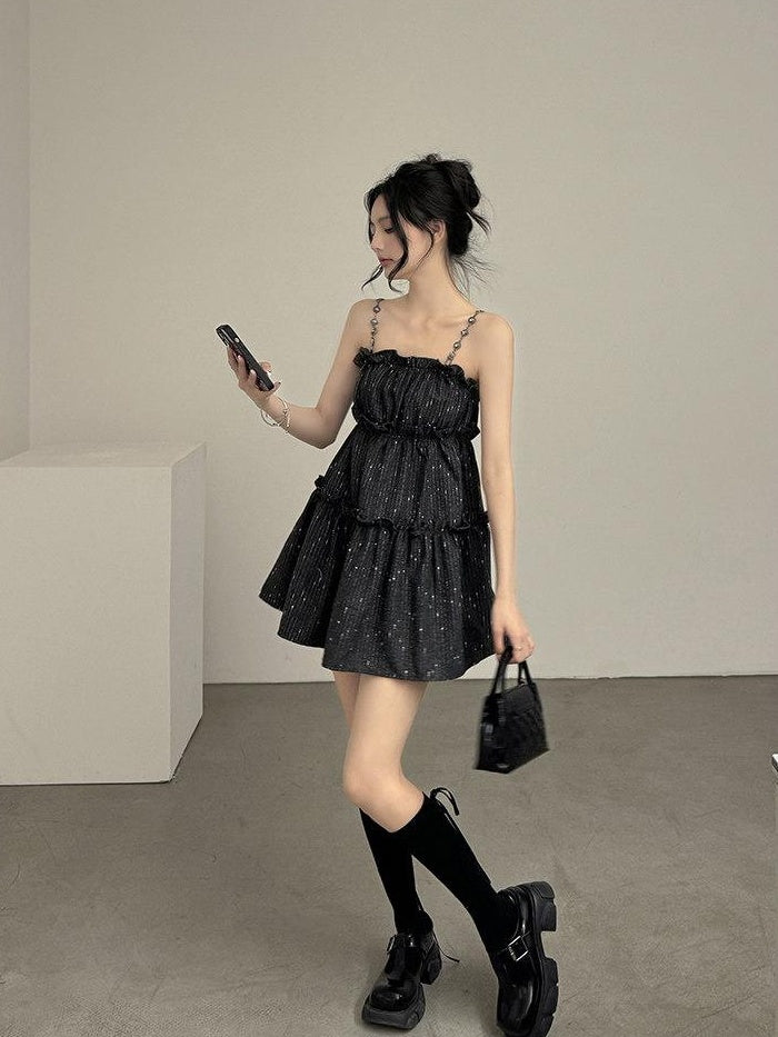 DDGIRL studio Shape Retain Strappy A Line Loose Waist Black Poly Wool Blend Mini Dresses