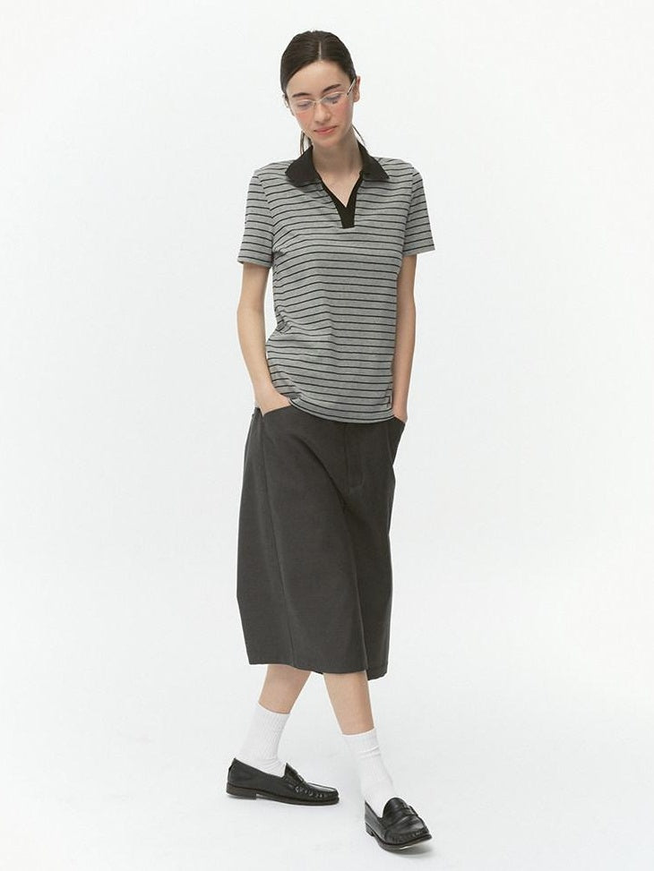 Country Moment Cotton Blend Patchwork Slim Polo Collar Striped Grey Short Sleeve T-Shirts