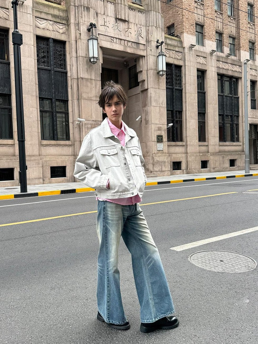 Country Moment Loose Fit Cropped Lapel Unisex 100 Percent Cotton Solid Grey Denim Jackets