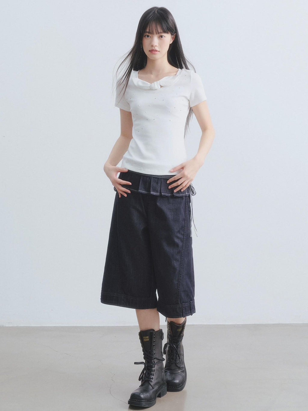 DDGIRL studio Washed High Waisted Pleated Soft Non Stretch Navy Solid Durable Wide Leg Jeans