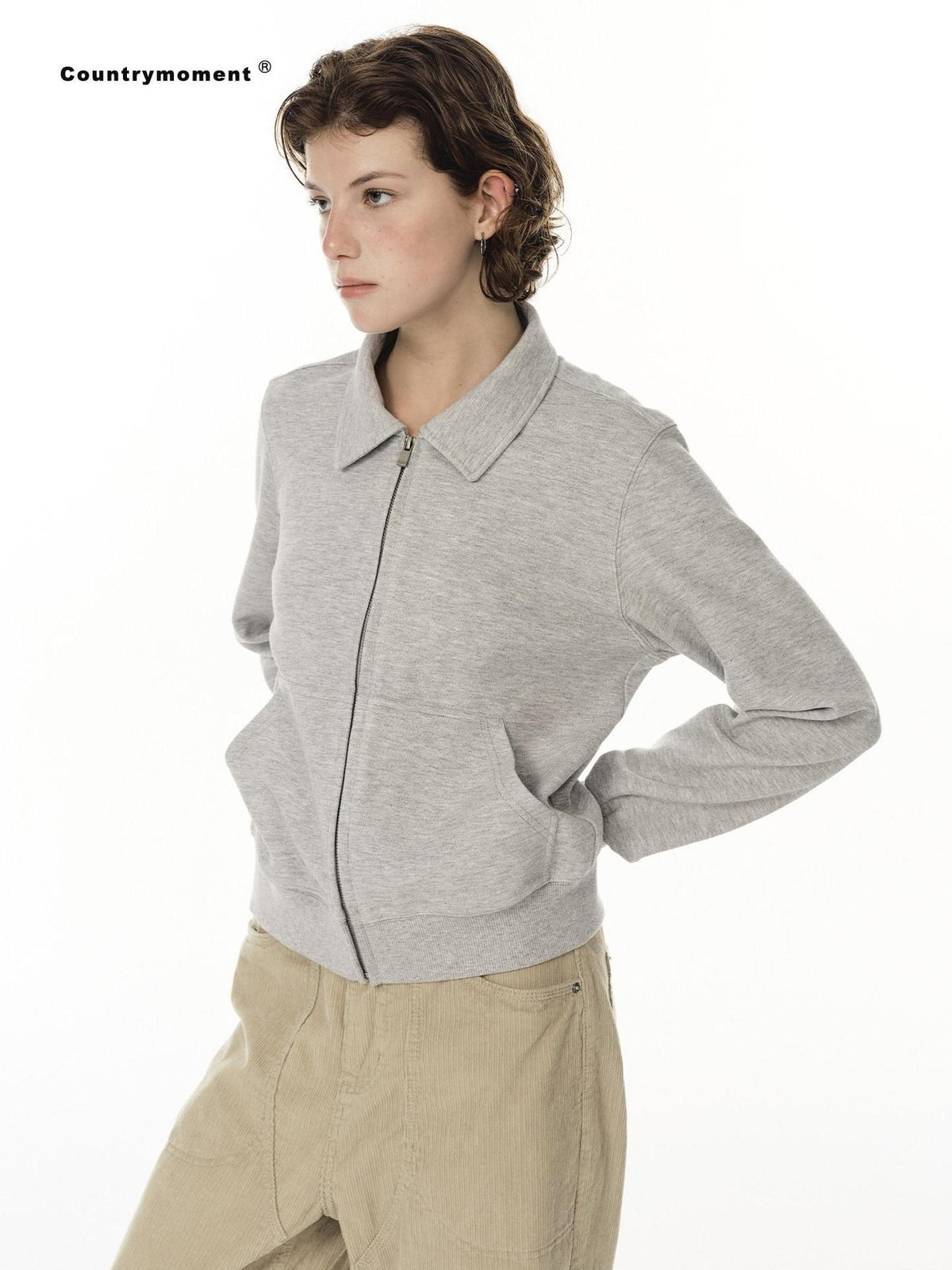 Country Moment Breathable Warm Cotton Blend Loose Fit Zip Up Men Casual Grey Sweatshirt