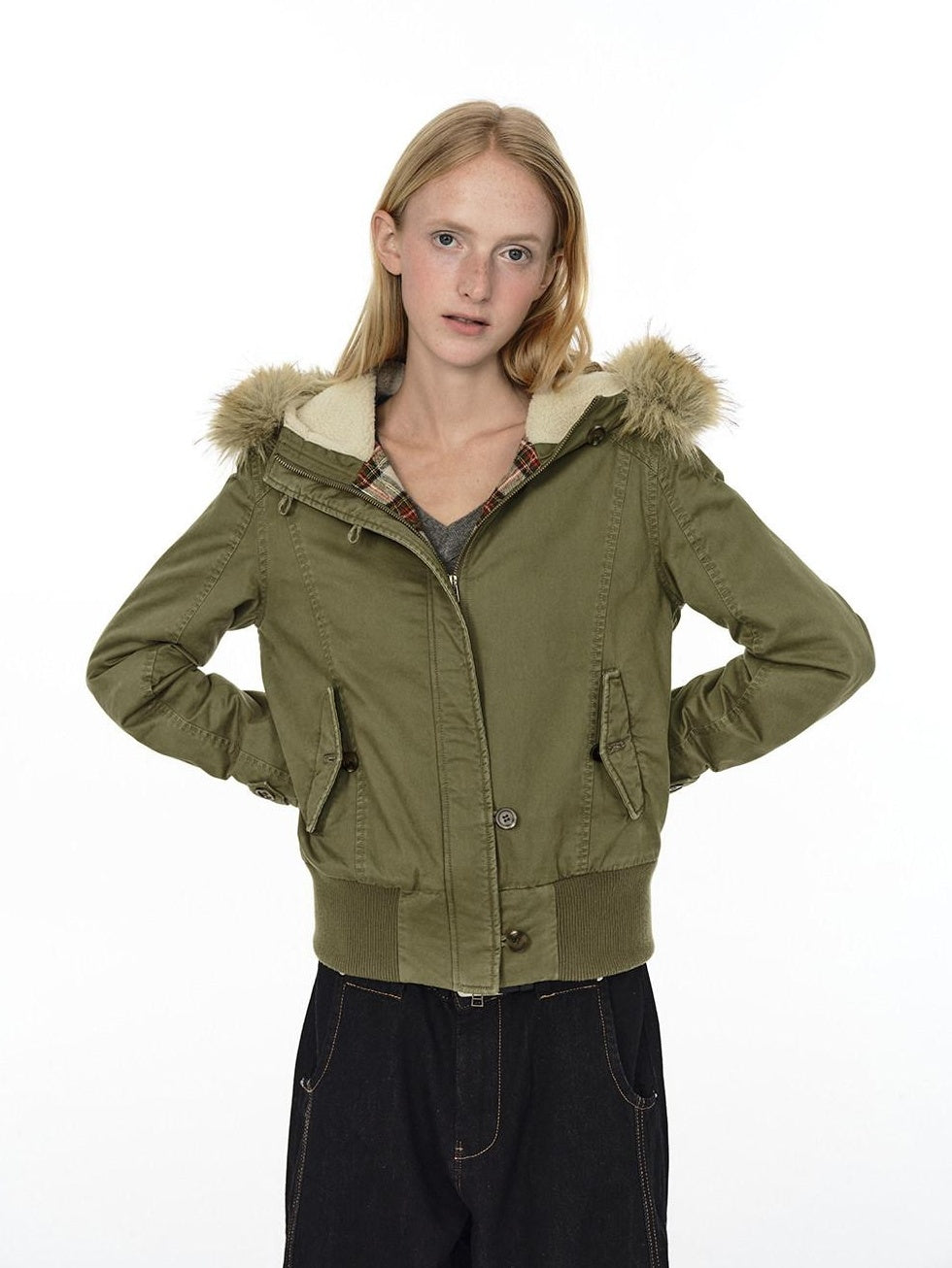 Country Moment Warm Cotton Quilted Hooded Vintage Green Casual Youth Ribbed Hem Puffer Jackets