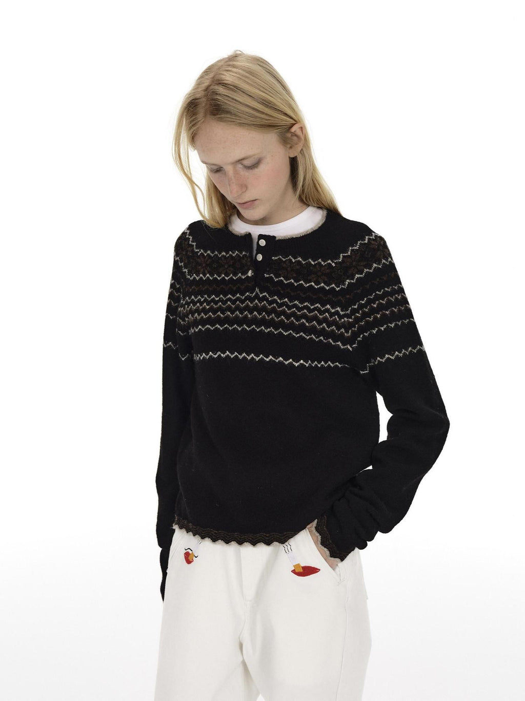 Country Moment Jacquard Henley Button Pullover Slim Fit Youth Wool Blend Striped Sweaters
