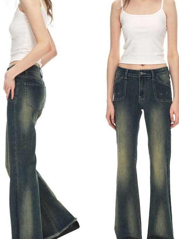 Country Moment Vintage Distressed Low Rise Retro Flare Women Daily Denim Blue Flared Jeans