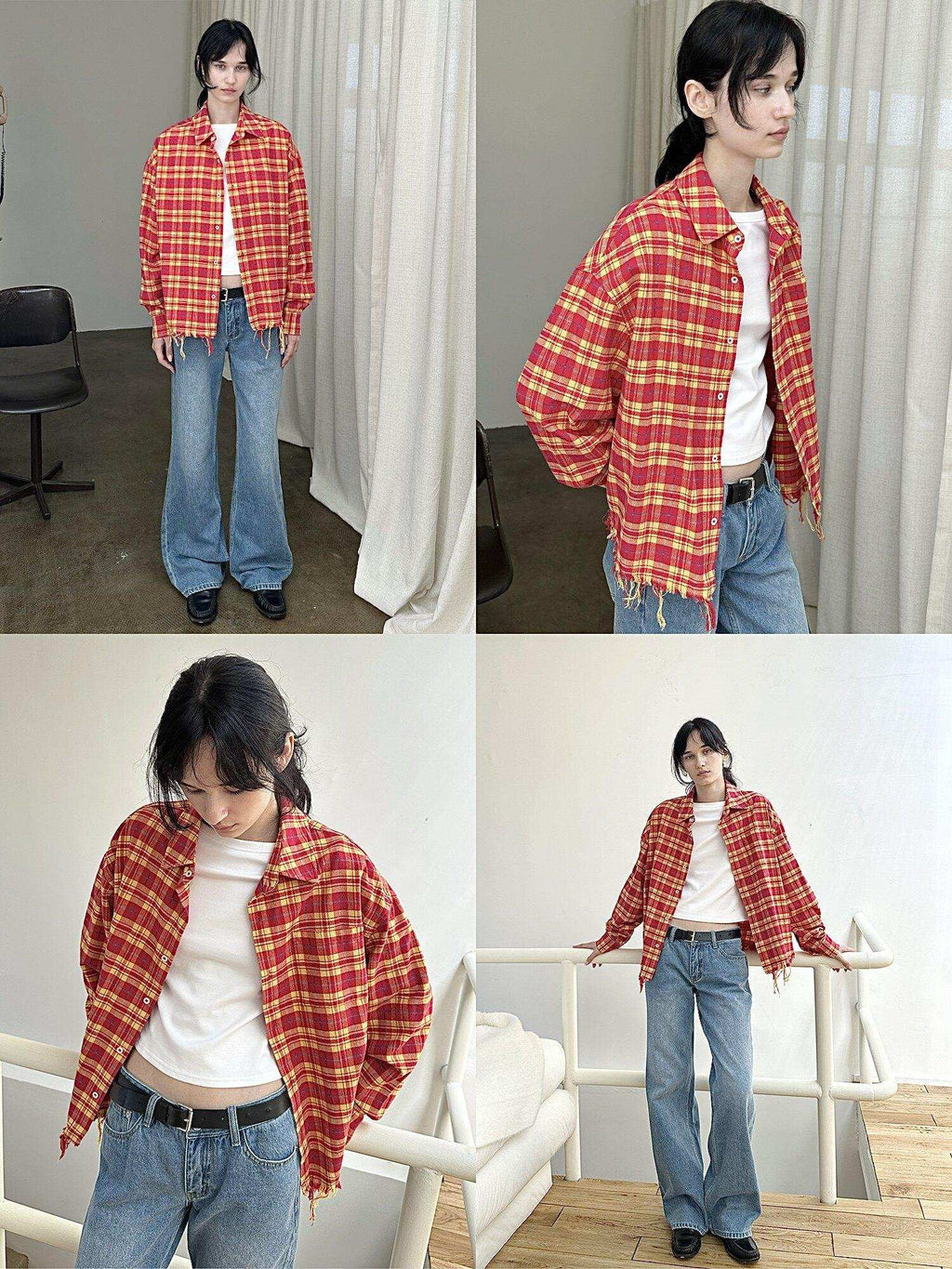 Country Moment Breathable Cotton Loose Plaid Fringe Unisex Longsleeve Button Collar Shirts