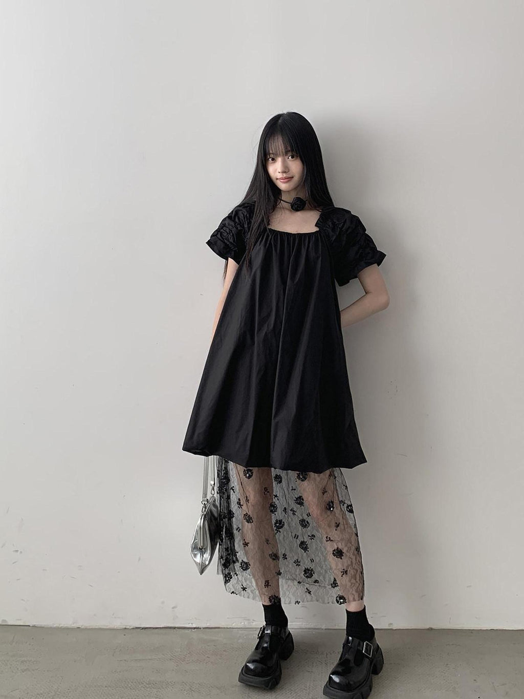 DDGIRL studio 100% Cotton Pullover Bardot Neck A Line Lantern Skirt Workwear Midi Dresses