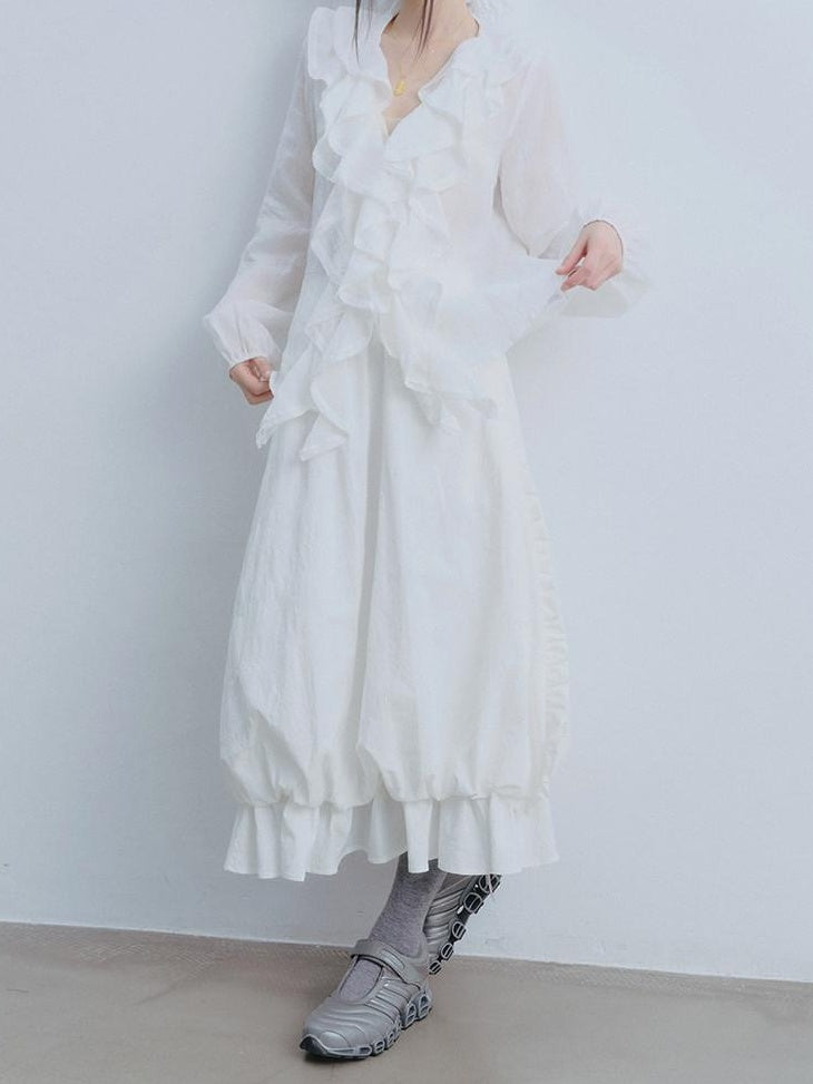 DDGIRL studio Durable Cotton High Waist Ruffle Lantern Lined White Midi Skirts