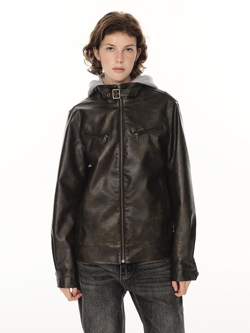 Country Moment Warm Pu Leather Detachable Hood Loose Fit Casual Unisex Leather Jackets