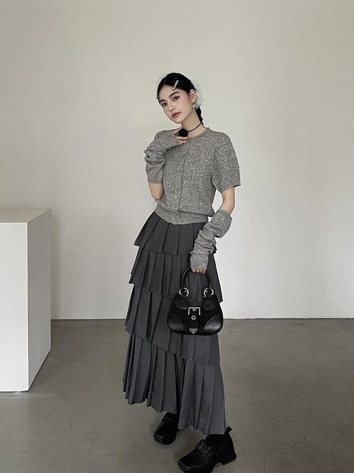 DDGIRL studio Lined High Waist Pleated Patchwork A Line Commuter Loose Fit Gray Midi Skirts