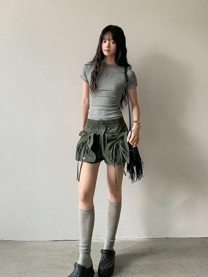DDGIRL studio High Waist Faded 96 Percent Cotton Wide Leg Loose Fit Army Green Denim Shorts