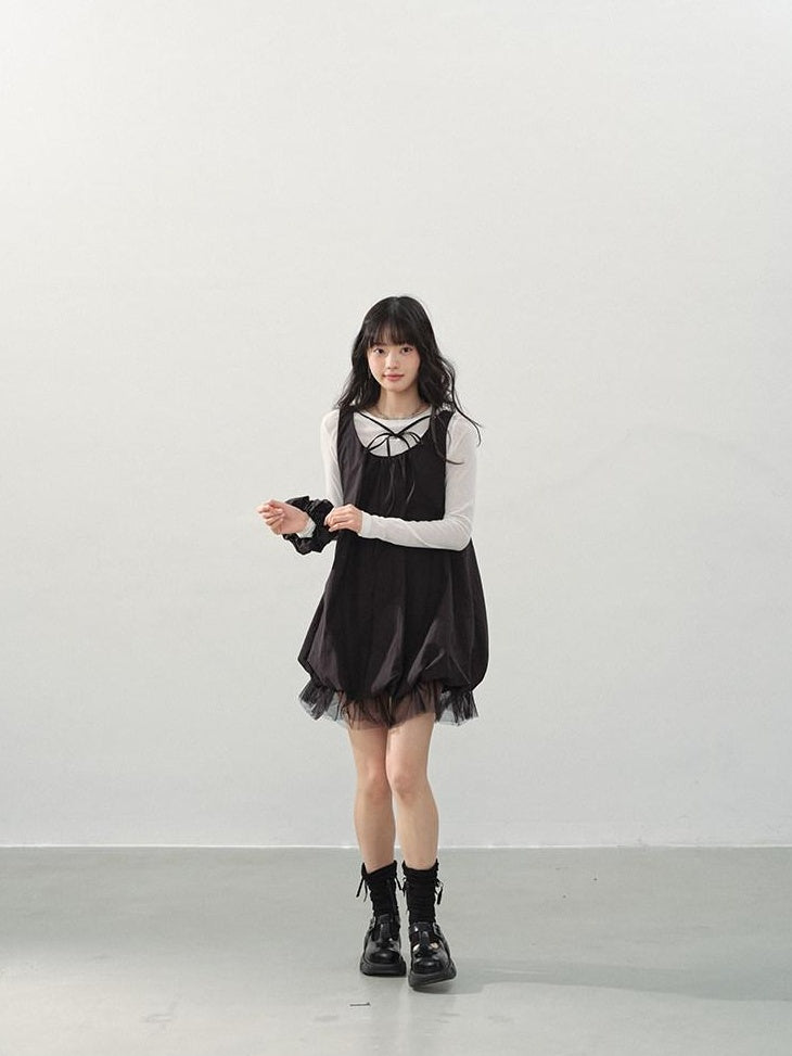 DDGIRL studio Sweet Mesh A Line Black Loose Waist Bubble Skirt U Neck Work Top & Skirt Sets