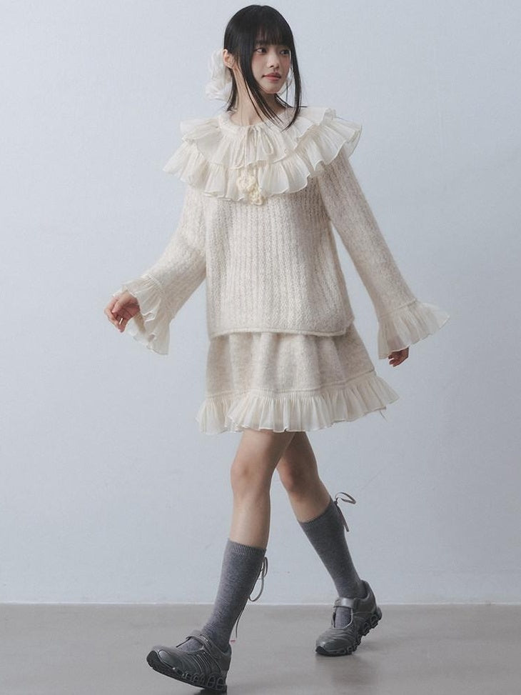 DDGIRL studio Warm Knitted Ruffle Pullover Loose Gentle Floral High Waist Top & Skirt Sets