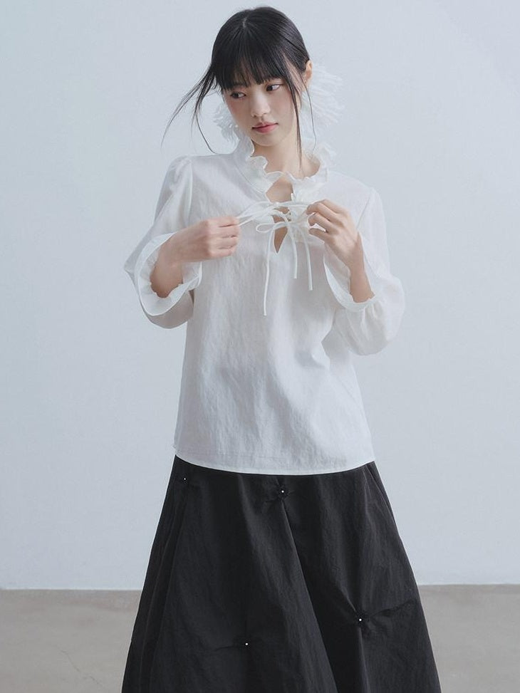 DDGIRL studio Breathable Non Deforming Ruffle Collar Bell Sleeve Straight Cut Commuter Shirts